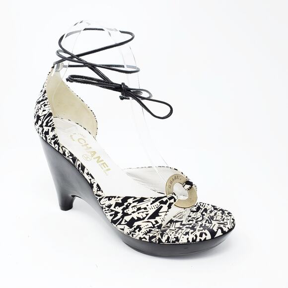 Chanel Canvas Platform Wedge Sandals Ankle Wrap-Around Straps Black White Y2K - Picture 1 of 12